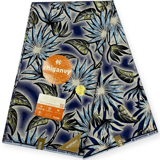 Wax Demi Super Chiganvy Brillant 6 Yards - 100% Coton - Bleu et Or - Soumawax Soumawax