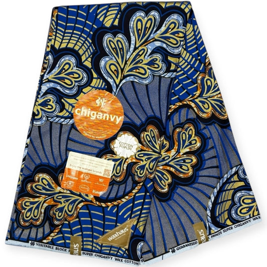 Wax Demi Super Chiganvy Brillant 6 Yards - 100% Coton - Bleu, Orange et Or - Soumawax Soumawax
