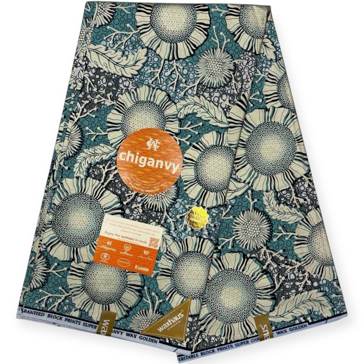 Wax Demi Super Chiganvy Brillant 6 Yards - 100% Coton - Turquoise et Or - Soumawax Soumawax