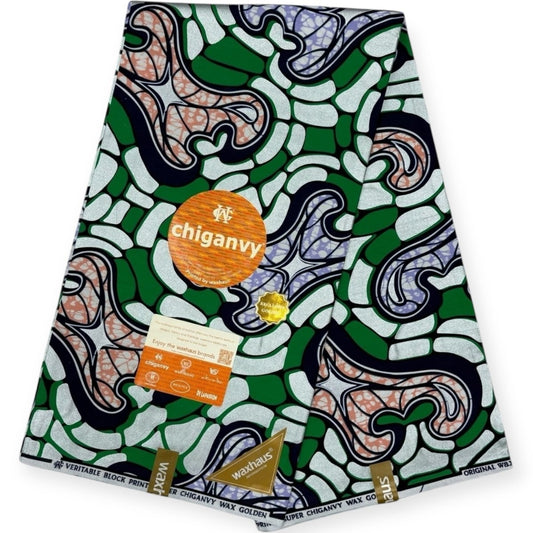 Wax Demi Super Chiganvy Brillant 6 Yards - 100% Coton - Vert, Rose, Violet et Argent - Soumawax Soumawax