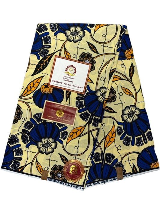 Wax Hitarget 6 Yards - 100% Coton - Beige, Bleu et Jaune - Soumawax Soumawax