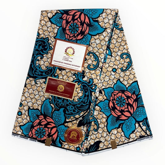 Wax Hitarget 6 Yards - 100% Coton - Beige, Bleu et Rose - Soumawax Soumawax