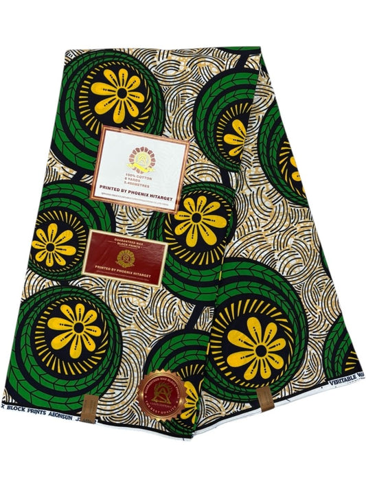 Wax Hitarget 6 Yards - 100% Coton - Beige, Vert, Jaune et Bleu - Soumawax Soumawax