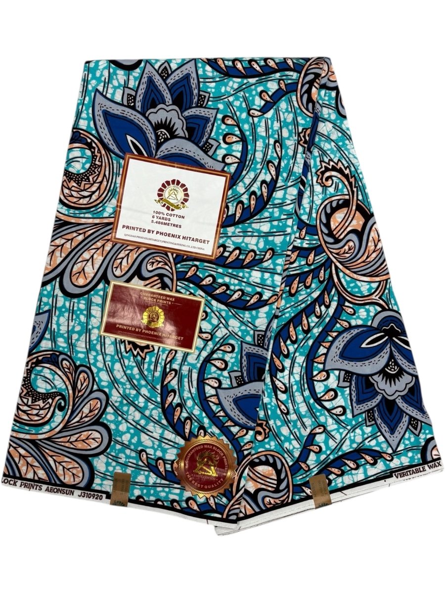 Wax Hitarget 6 Yards - 100% Coton - Bleu, Saumon, Gris et Marron - Soumawax Soumawax