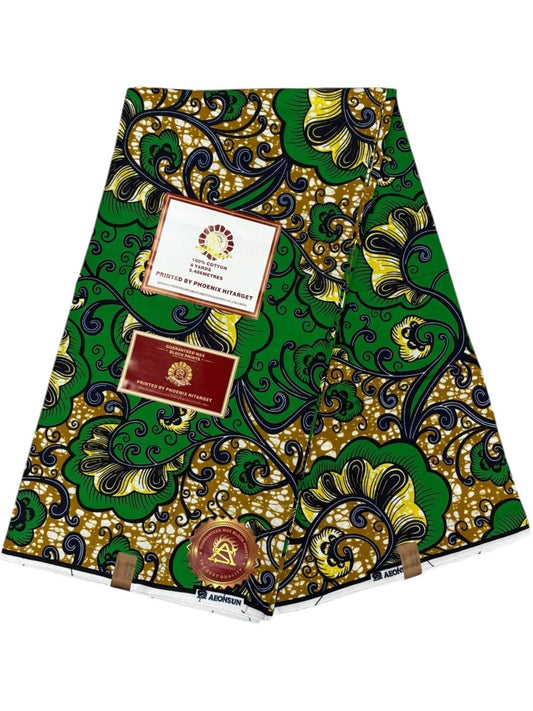 Wax Hitarget 6 Yards - 100% Coton - Vert, Champagne, Jaune et Bleu - Soumawax Soumawax