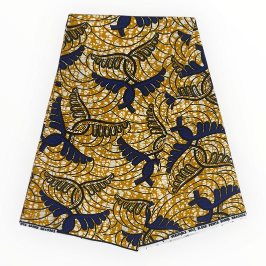 Wax Pagne Africain 6 Yards - 100% Coton - Champagne et Bleu - Soumawax Soumawax