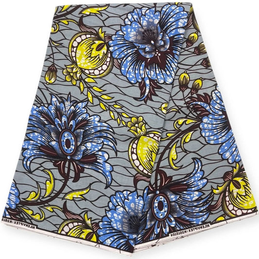 Wax Pagne Africain 6 Yards - 100% Coton - Gris, Jaune & Bleu - Soumawax Soumawax