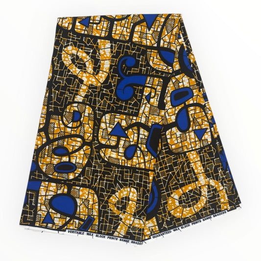 Wax Pagne Africain 6 Yards - 100% Coton - Orange, Bleu et Noir - Soumawax Soumawax