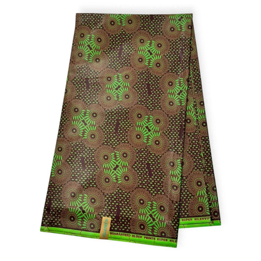 Wax Pagne Africain 6 Yards - 100% Coton - Vert & Marron - Satiné - Soumawax Soumawax